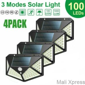 4 pack 100 LEDs Solar PIR Motion Sensor Wall Security Lights Outdoor Lamp Waterproof with 270° Wide Angle IP65 Waterproof 3 Optional Lighting Modes